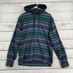 Billabong Hooded Flannel Button Down Shirt Mens Medium Blue Gray Green